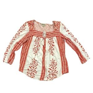 Lucky Brand Women's Top Orange White Floral Boho Small Long Sleeve Square Neck